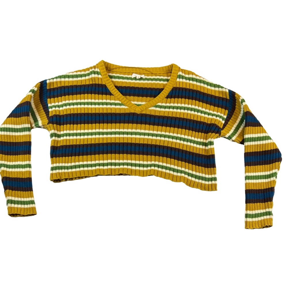 LA Hearts Striped V-Neck Cropped Shaker Knit Cotton Sweater, Size Small